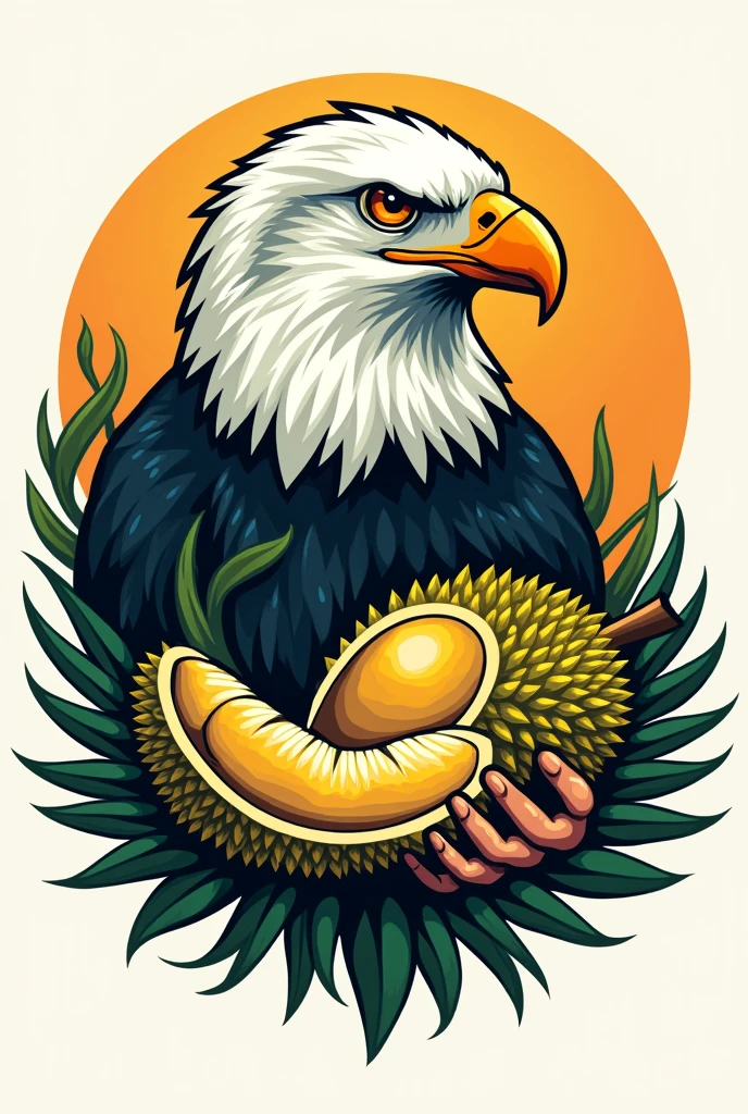 Logo for farming, with eagle head, durian fruit, a farmer, 
