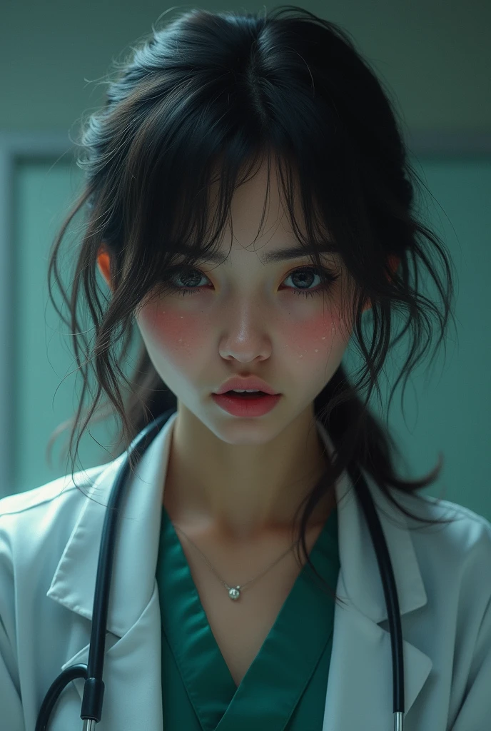A doctor girls scared and shocked with dark circles