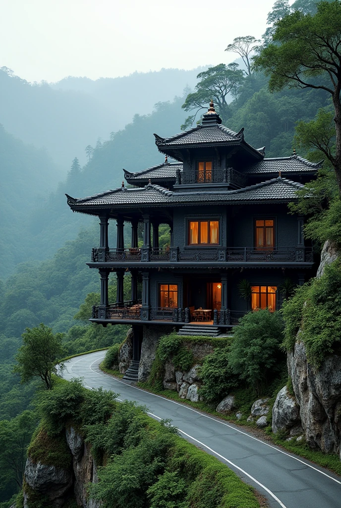 Absolute real Indians villa house ,medium size ,black and gray color, 5 rooms,on a roadside mountain forest