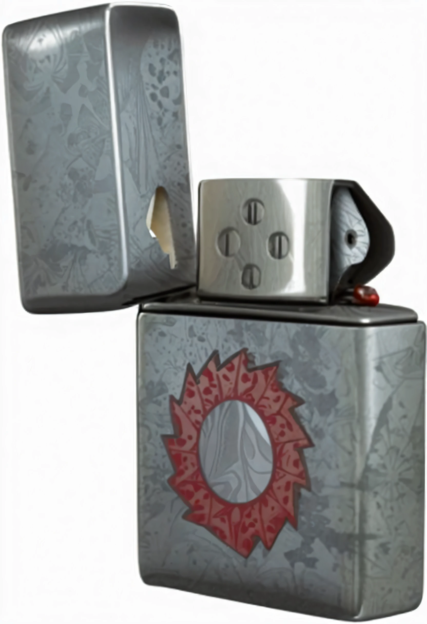 A zippo cartoon lighter with a red totem pattern, a silver metal shell, the lid is open, old-fashioned, worn, more details, realistic details, cartoon rendering, UE5 rendering, 8K ultra-clear texture