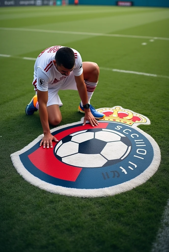 A socar player settin up a socar
 logo
