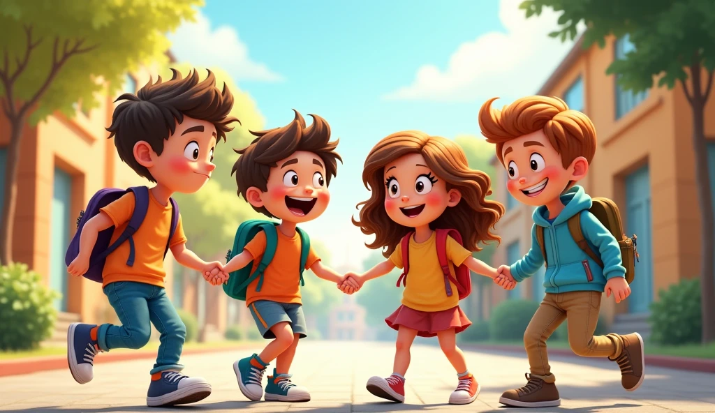 School off time four friends two boys and two girls cartoon 