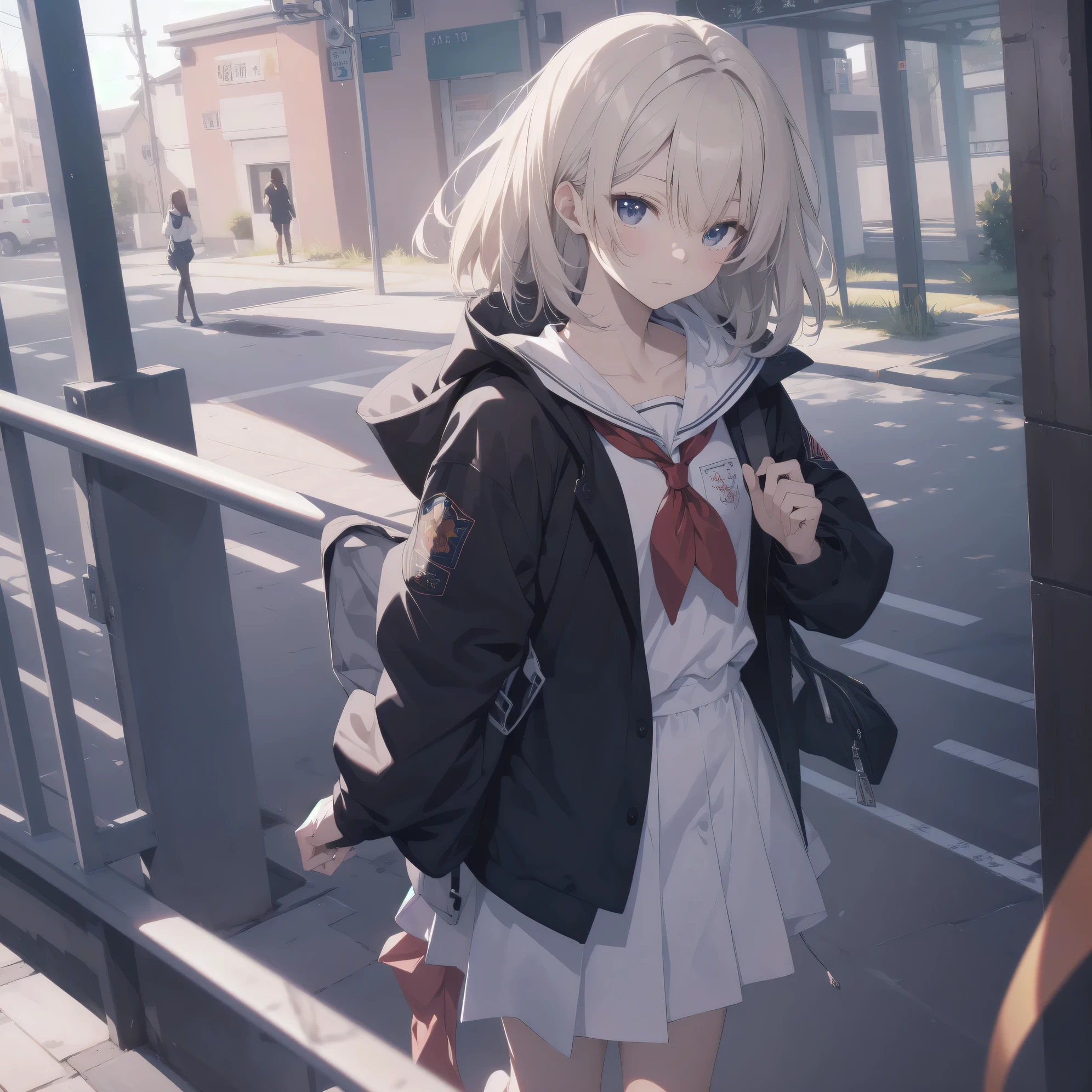 ultra-absurdres-Top quality by artist God, ultra-detailed, high resolution, anime moe artstyle, best anime 8k konachan wallpaper, pixiv contest winner, pool:2810, perfect anatomy,break, 1girl, (Please draw a girl walking sleepily to school alone. )break,(Solo,little female,yo:1.3),Full limbs, ,a ju(very short hair), short cut, flat chest, , small butt, small black eyes, beautiful detailed eyes, well-proportioned iris and pupils, expressive eyes, highres detailed hair, soft expression, salor school_uniform, sailor collar, serahuku, bow, pleated skirt,(Detailed Lighting), (Detailed background), in the School commute route. break,super detailed skin, Best cinematic lighting powered by famous artist, 8k,beauty illustration,photoshop_(medium),very aesthetic,break,((artist:echo_(circa) )), artist:clamp ,artist:carnelian ,artist:kantoku ,