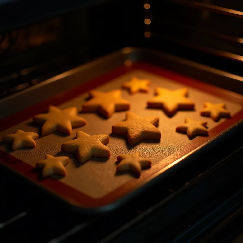 "Star-shaped sablé cookies baking in a black modern oven with no items on top, orange lighting, no people present, focus on the oven, with the cookies on a silicone mat placed on an oven tray, baking."