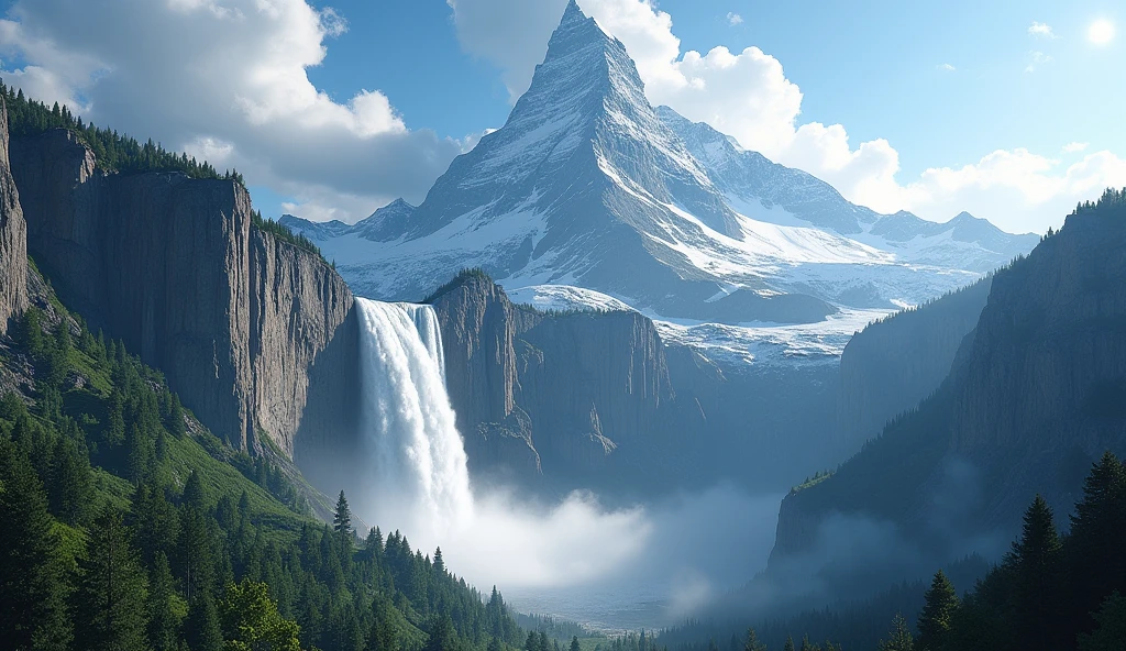A realistic image of a mountain with waterfall