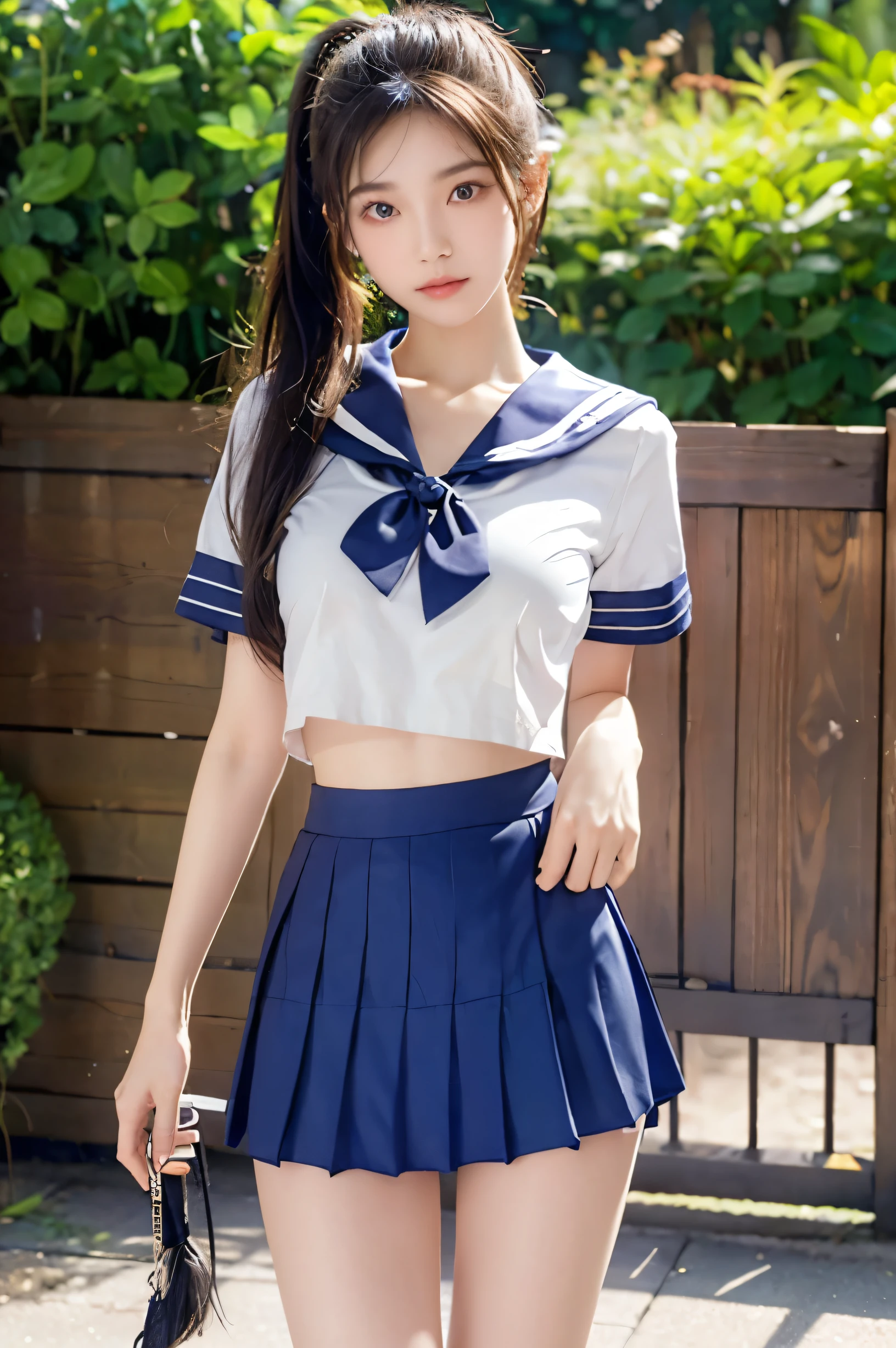(Ultra HD), (Looking at me), (The whole body is shown), (Short-sleeved sailor uniform, Navy blue low-rise mini skirt), (Big Breasts:1.2), Super beautiful breasts, slender, Narrow waist, (Thin legs:1.2), (Thin thighs:1.2), (Thin Hips:1.4), (Beautiful Skin, Shiny skin, White skin), (Super slim face, Super beautiful face, No makeup, Smile:0.6), (ponytail, Layered Cut, Fluffy hair), (double eyelid, Slanted Eyes), (Small Nose), (Thin lips), Are standing, In front of the school gate