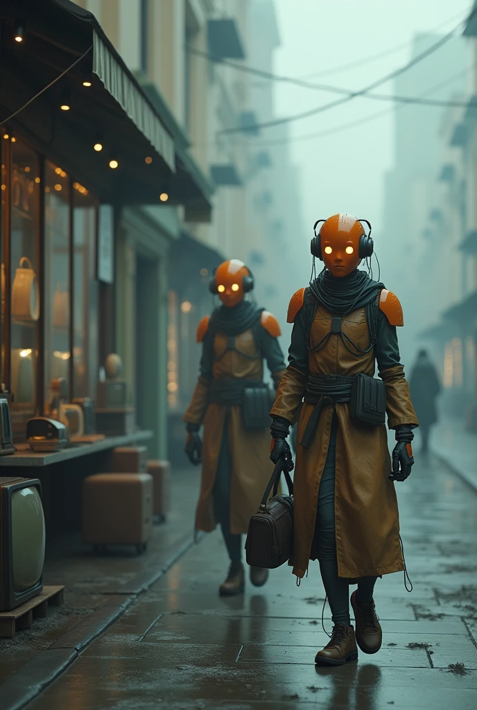 Super realistic scene in a street futuristic and destopyc sad,with robots humanoïdes with their metallic orange masks with cables, and light in their eyes  in a foggy street very sad atmosphere doing every day's work and looking in front of a vitrine where old televisions are exposed