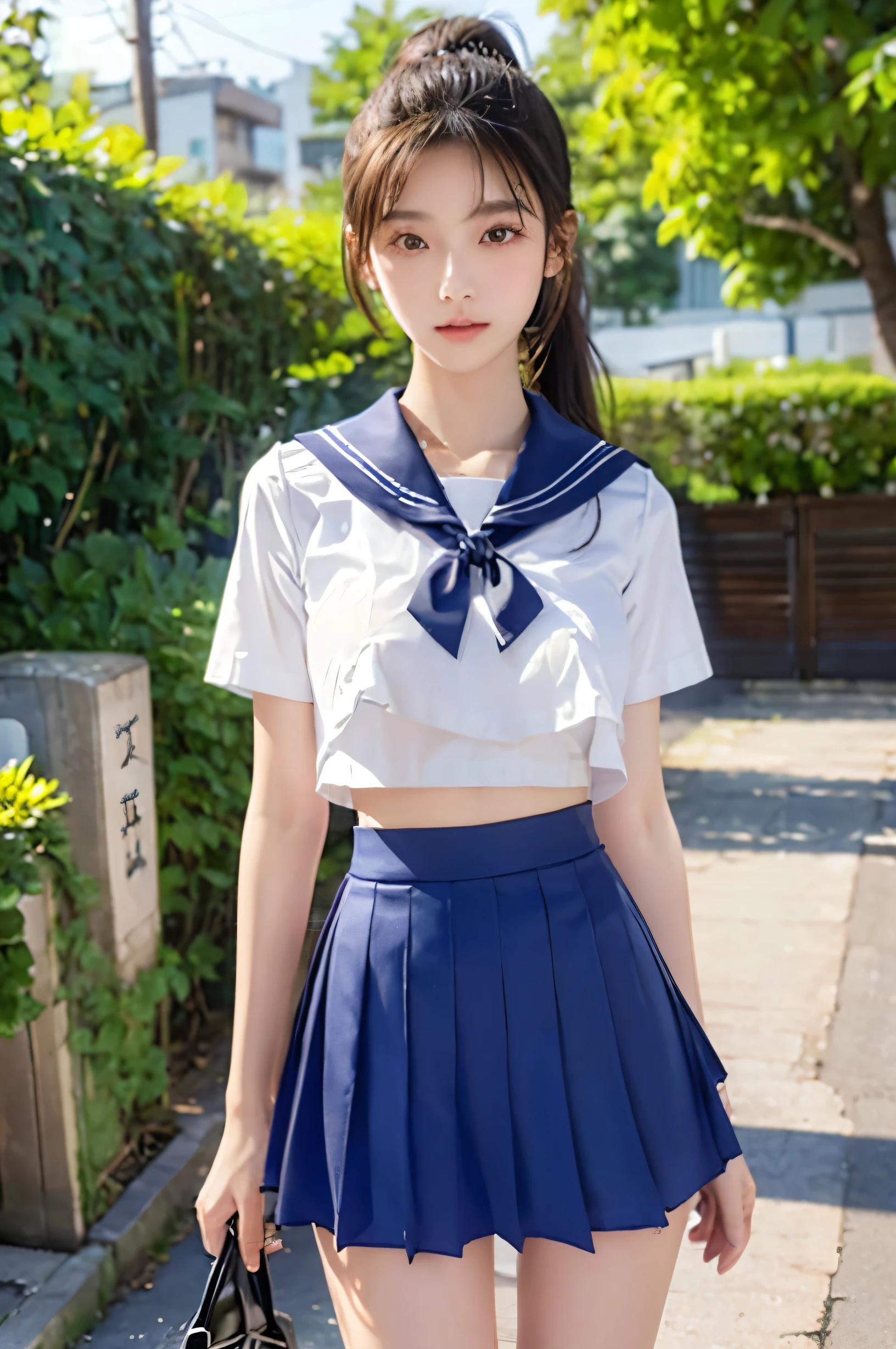 (Ultra HD), (Looking at me), (The whole body is shown), (Short-sleeved sailor uniform, Navy blue low-rise mini skirt), (Big Breasts:1.2), Super beautiful breasts, slender, Narrow waist, (Thin legs:1.2), (Thin thighs:1.2), (Thin Hips:1.4), (Beautiful Skin, Shiny skin, White skin), (Super slim face, Super beautiful face, No makeup, Smile:0.6), (ponytail, Layered Cut, Fluffy hair), (double eyelid, Slanted Eyes), (Small Nose), (Thin lips), Are standing, In front of the school gate