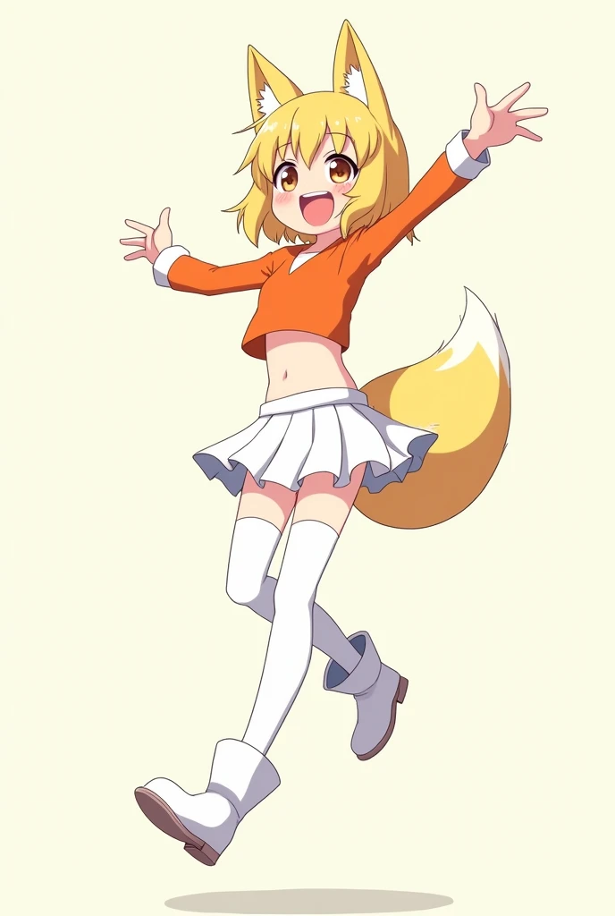 anime girl have a smiley face with a fox ear wearing an orange crop top, white short skirt, stocking, white boots. Jump pose low angle no background