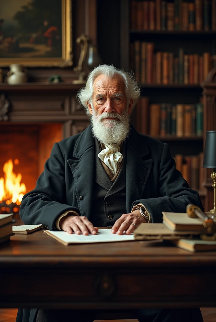 The same gentleman but another day, further away, an old professor with white hair, 7, with a reassuring beard - year 1800 in front of an open fire , . assis à son bureaux vieux salon Ancien Homme de 75 ans sage . serious . érudit de science plan large