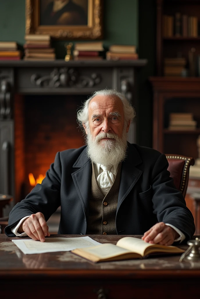 The same gentleman but another day, further away, an old professor with white hair, 7, with a reassuring beard - year 1800 in front of an open fire , . assis à son bureaux vieux salon Ancien Homme de 75 ans sage . serious . érudit de science plan large