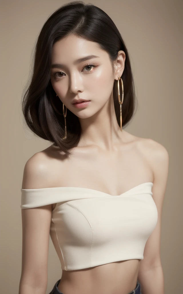 highres,4k,HDR,1girl, photorealistic, realistic,sweat skin, thin face,yangmi,heavy makeup, standing,(((half body))), medium breasts,earing ,   