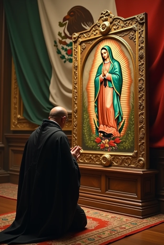 Miguel Hidalgo praying in front of an image of the Virgin of Guadalupe. At the bottom, a mexican flag waving in the wind. Baroque style, with warm and golden colors. (that the image is of Photographic style)