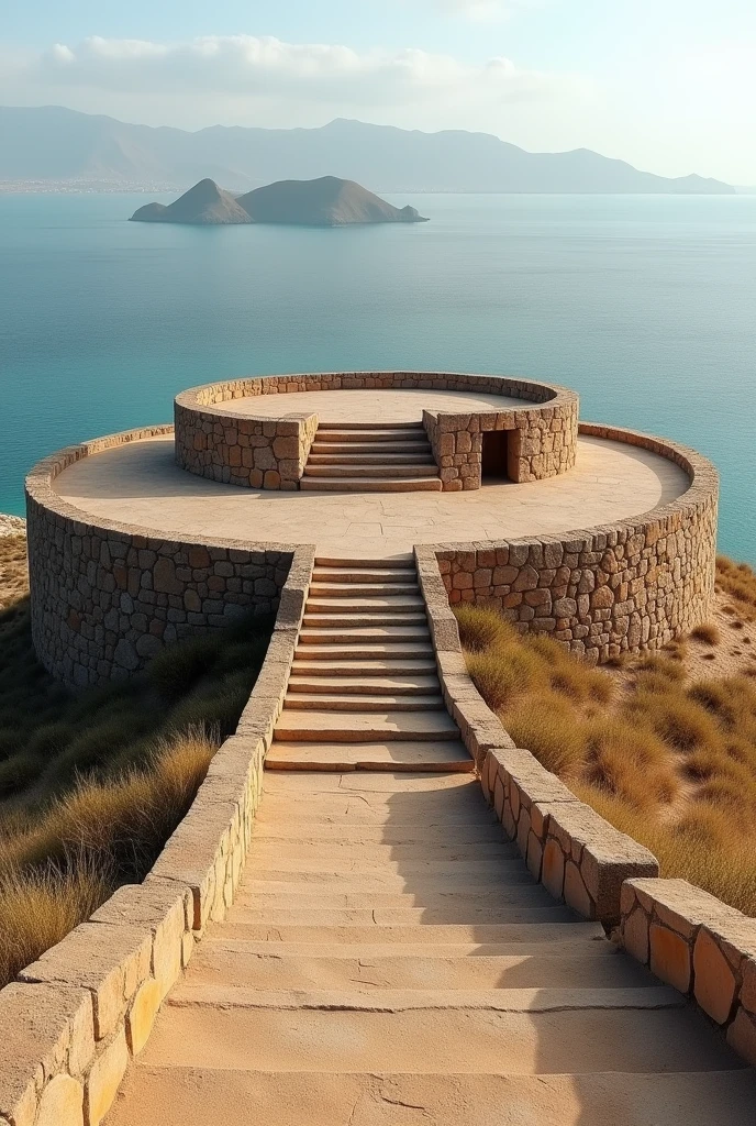 I need you to create a circular stone lookout point and paths that define the descent of that hill., to the lowest. This stone lookout point is at the top of the Pachamac topography., lurin, which is SAND . With a view of the sea and the Pachacamac Islands. You can create platforms on the sides to take advantage of the height. and to point out the sandy area of the place,. And add roofs with eco-friendly materials to the viewing points. REMEMBER IT IS A DESERT AREA. 