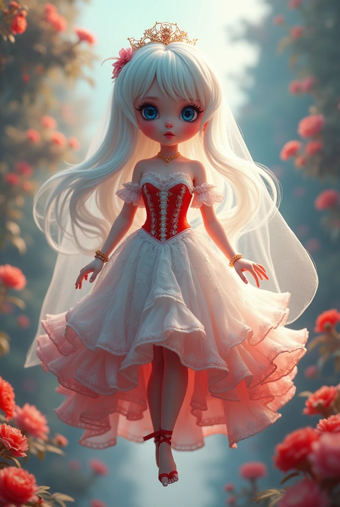 ((very detailed CG Unity 8k 벽지)), masterpiece, very detailed, floating, high resolution, sexually suggestive, (small, ridiculously long white hair, princess, White Horseman, blue eyes, (Gorgeous long white and red sheer layered long dress with long separated wide sleeves and intricate embroidery), bridal veil, small 원, bridal gauntlets, blushing, shy, arched backrest, Ruffled petticoat, Gorgeous corset,