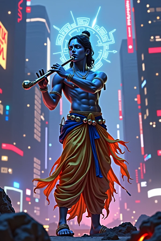 Lord shree krishna flute playung in cyberpunk style in modern outfits . Let the flute of Lord Krishna fill your life with melody and harmony.