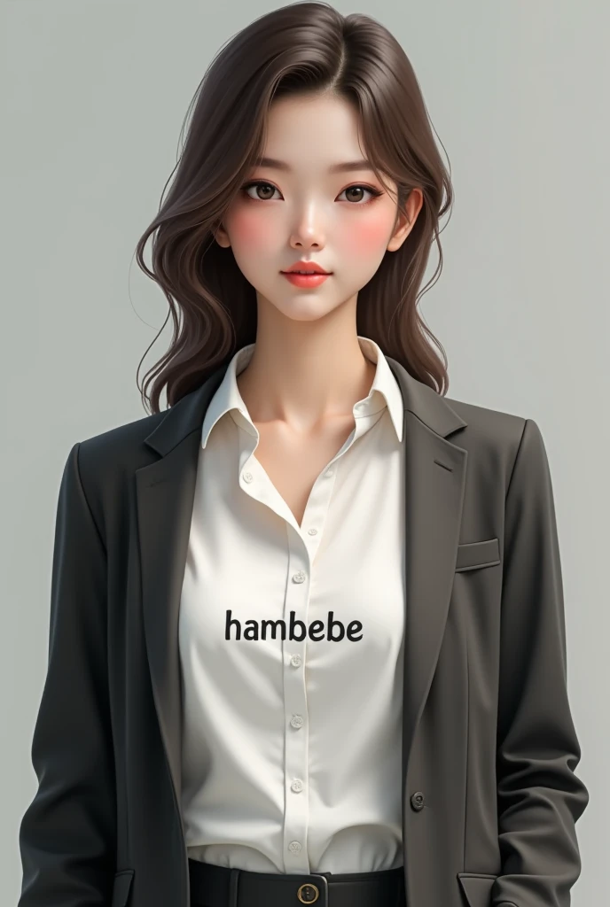 Make an image of a realistic matured girl with jacket wearing white shirt with the name in her shirt as HAMBEBE.