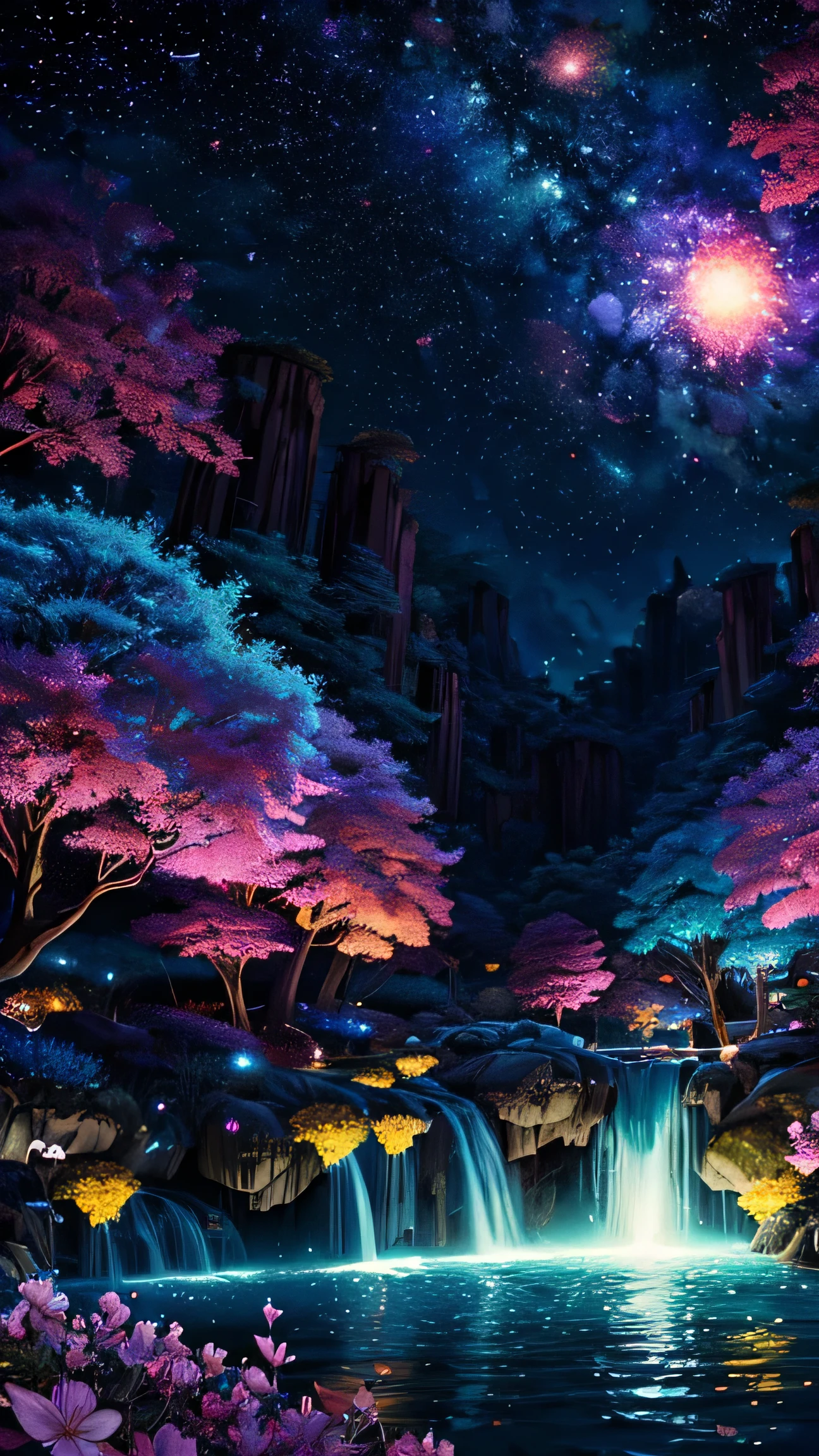 Viral anime nature wallpaper in 4K quality, in the style of digital illustration inspired by Satoshi Kon, depicting a dreamlike garden with floating islands, waterfalls cascading down, and glowing butterflies; surreal and vibrant color temperature, cosmos lighting with stars twinkling in the sky, no human characters, the atmosphere is surreal and mesmerizing --v 5 --stylize 1000