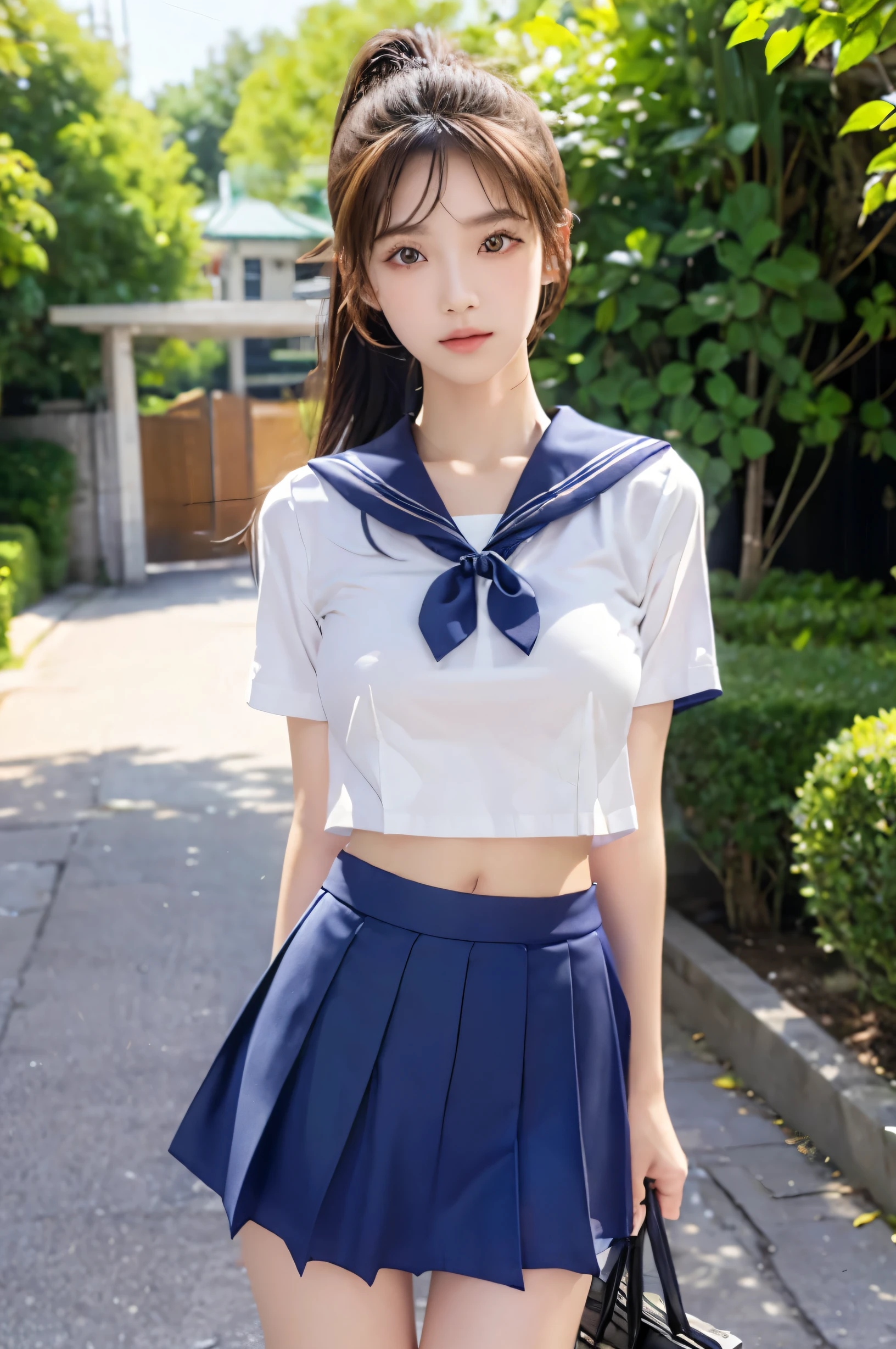 (Ultra HD), (Looking at me), (The whole body is shown), (Short-sleeved sailor uniform, Navy blue low-rise mini skirt), (Big Breasts:1.2), Super beautiful breasts, slender, Narrow waist, (Thin legs:1.2), (Thin thighs:1.2), (Thin Hips:1.4), (Beautiful Skin, Shiny skin, White skin), (Super slim face, Super beautiful face, No makeup, Smile:0.6), (ponytail, Layered Cut, Fluffy hair), (double eyelid, Slanted Eyes), (Small Nose), (Thin lips), Are standing, In front of the school gate