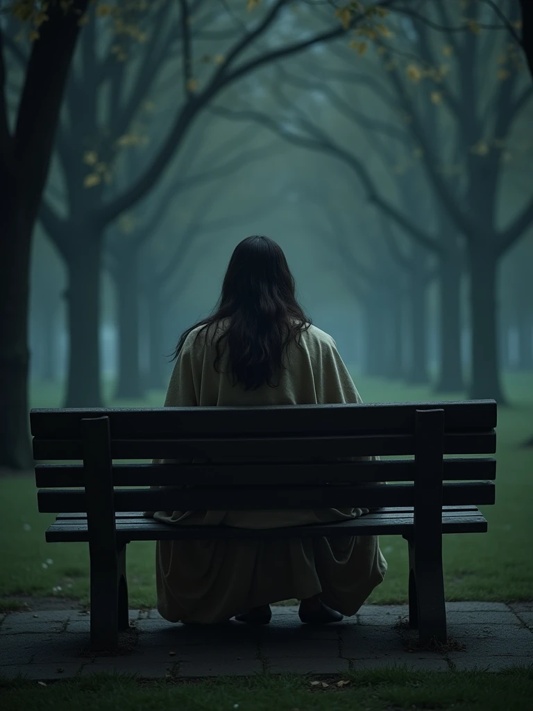 Create a realistic image of Jesus sitting on a park bench designed for two people. Jesus should be positioned with his back to the viewer, at a 45-degree angle, with detailed focus on his robes and hair. The scene should evoke a sense of suspense, featuring dim, diffuse lighting, dark trees, and subtle mist to create a mysterious and intriguing atmosphere."