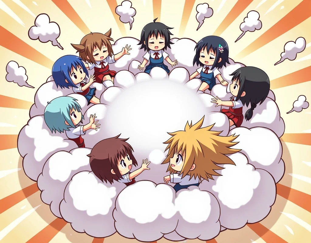 1 girl in comical battle cloud, multiple girls fighting playfully, anime style illustration, different hair colors, faces hands and feet visible out of cloud, humorous dynamic fighting, fluffy exaggerated battle cloud