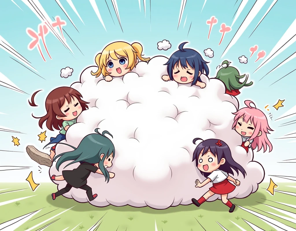 1 girl in comical battle cloud, multiple girls fighting playfully, anime style illustration, different hair colors, faces hands and feet visible out of cloud, humorous dynamic fighting, fluffy exaggerated battle cloud