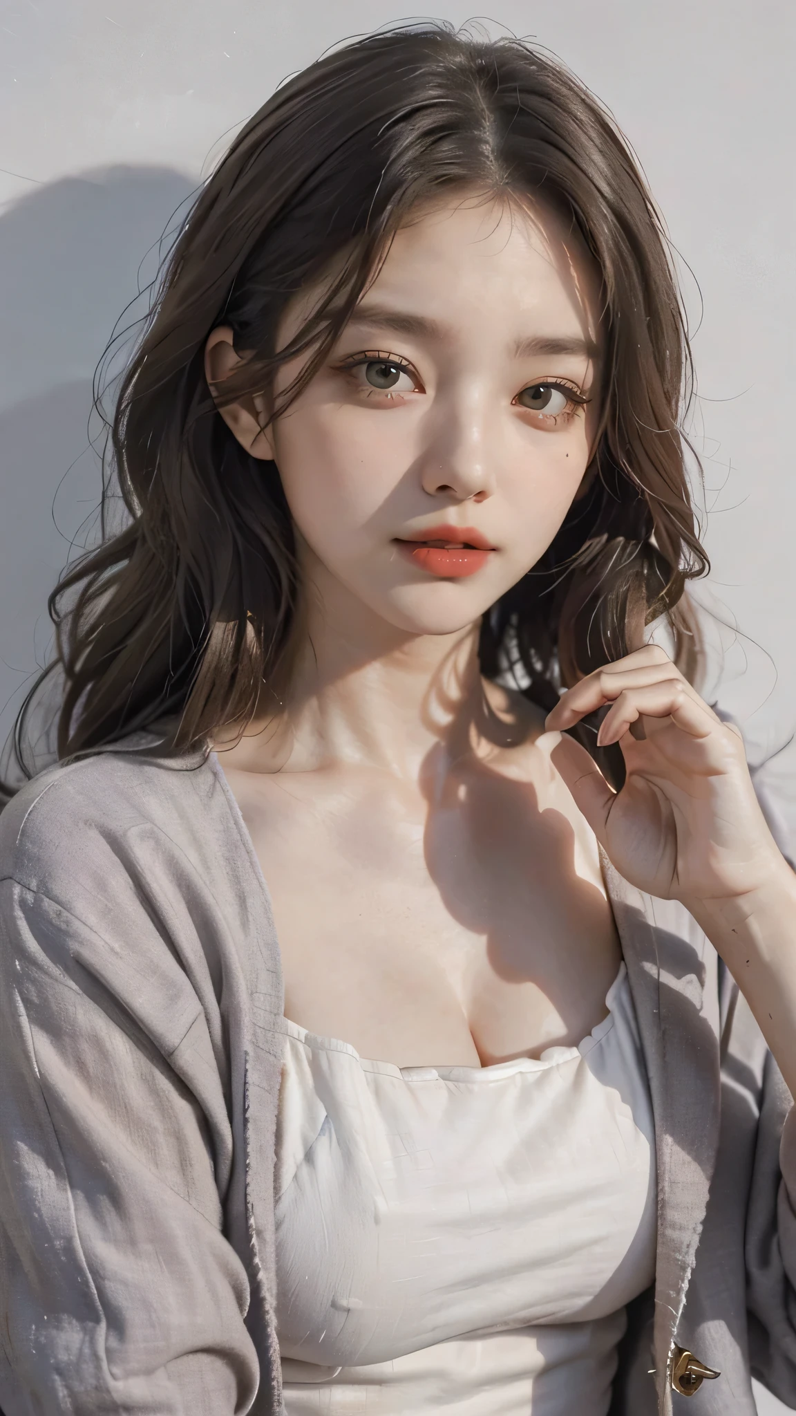 Girl wearing, luxury lavender coat, shoulder length hair, wavy hair, glowing skin, star in eye, red lips, grey background, cute poses