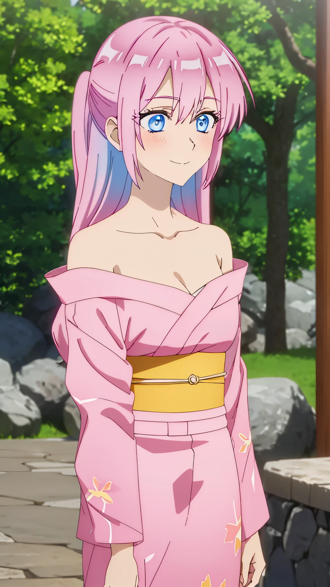 masterpiece, anime artstyle, highres, solo, 8k, detailed, perfect face, best quality, (ultra high quality), looking viewers, collarbone, shoulders, small breast, cleavage, pink hair, long hair, blue eyes, sharp eyes, kimono, pink kimono, slim body, (upper body), smile, blush, at forest