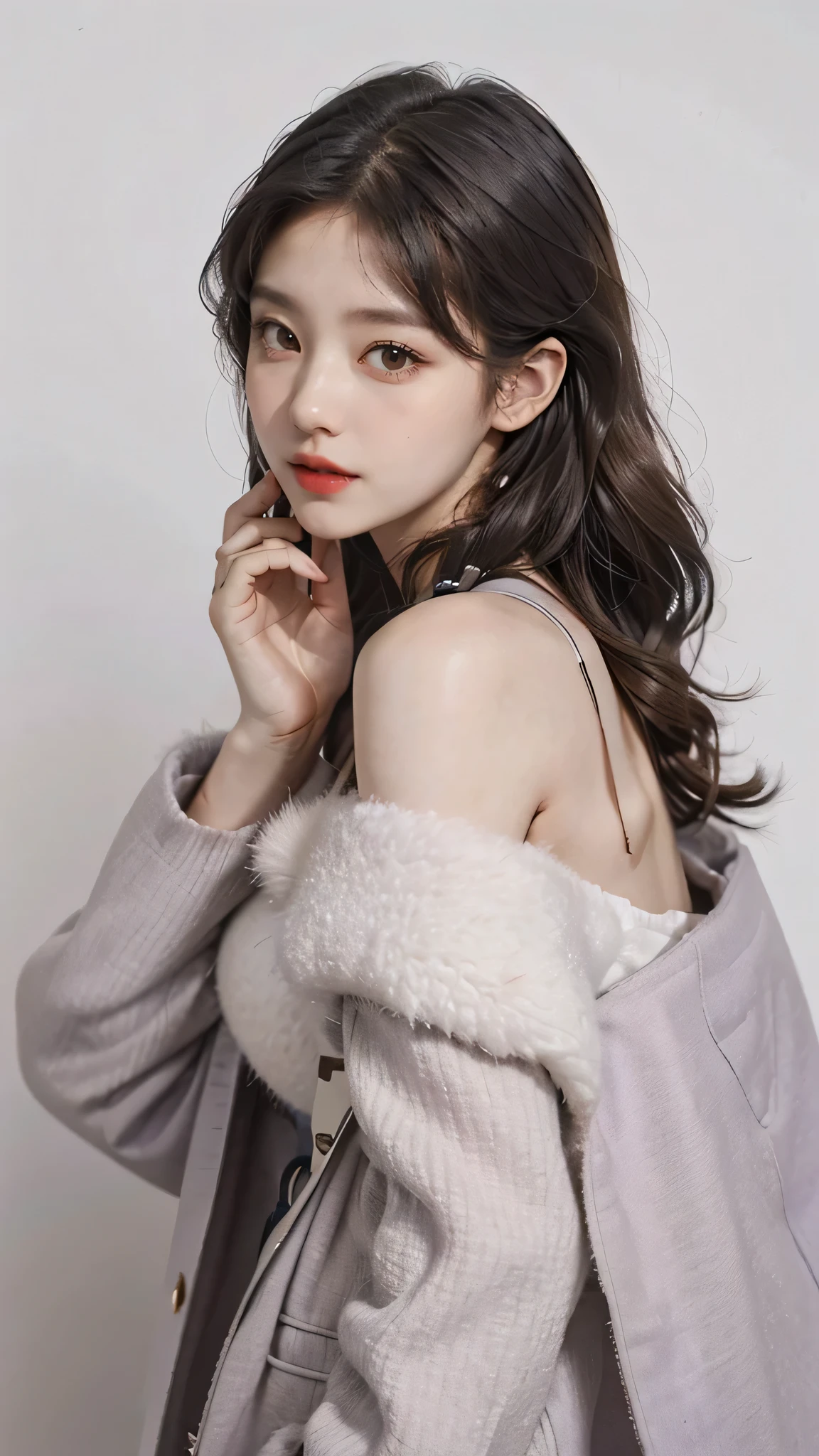 Girl wearing, luxury lavender coat, shoulder length hair, wavy hair, glowing skin, star in eye, red lips, grey background, cute poses