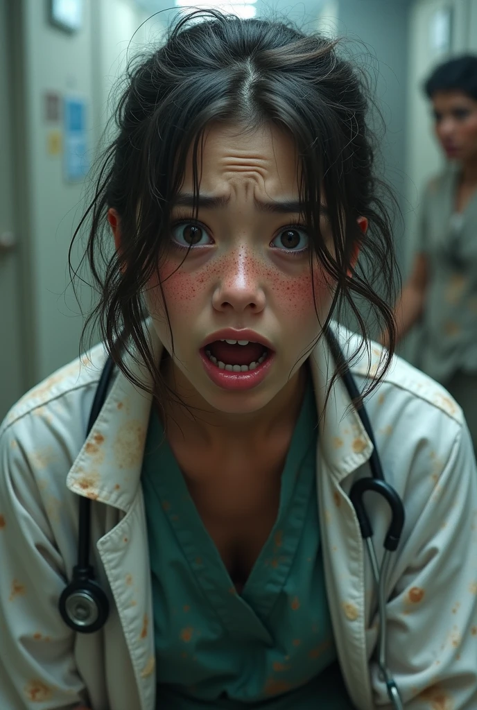 A doctor girls scared and shocked with dark circles  messy hair in air and dirty clothes alot and shouting 