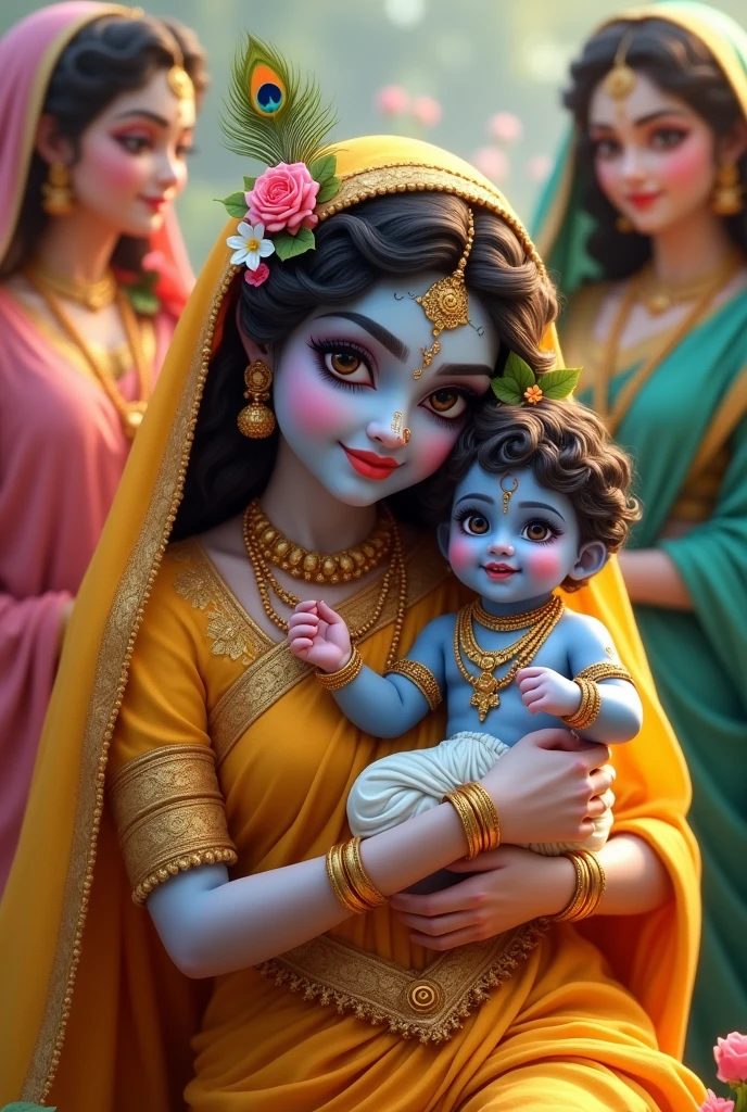 Create a vibrant and heartwarming scene featuring Maa Yashoda, dressed in a rich, golden-yellow sari with intricate embroidery. She wears elaborate gold jewelry, including a nose ring, heavy necklace, large earrings, and bangles. Her hair is adorned with fresh flowers like jasmine and pink roses, and her forehead is decorated with a bindi and a maang tikka. She is lovingly holding Krishna.
Babyshna has soft blue skin, curly dark hair, with only half tied up, adorned with a single peacock feather. He has large, expressive eyes and a playful, innocent smile. He is dressed in a simple white dhoti with a gold border and is adorned with layers of pearl necklaces, small gold bangles, and a waist chain. A small tilak is visible on his forehead.
Surrounding them are Gopinis, each dressed in colorful saris in shades of pink, green, and blue, with delicate embroidery and gold borders. They wear traditional jewelry, including earrings, necklaces, and bangles, with flowers like jasmine . Realistic image with real characters and light colours of dresses and everything