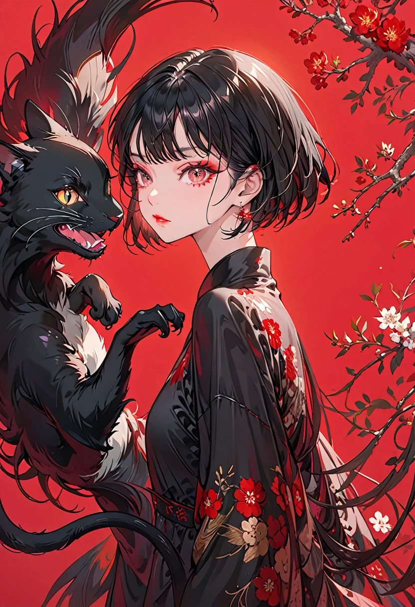 Crimson Background,(Highest quality,Very detailed,High resolution:1.2),1 beautiful girl,Giant black cat1Animals,Black very short hair,Black bangs,very_Long eyelashes, Detailed lips, Cool look, Soft Skin, Shiny Hair,Exquisite makeup,