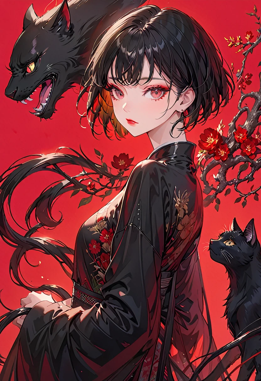 Crimson Background，(Highest quality,Very detailed,High resolution:1.2),1 beautiful girl，Giant black cat１Animals，Black very short hair,Black bangs，very_Long eyelashes, Detailed lips, Cool look, Soft Skin, Shiny Hair,Exquisite makeup,