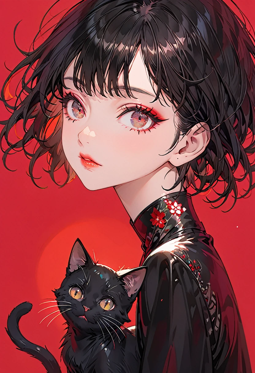 Crimson Background，(Highest quality,Very detailed,High resolution:1.2),1 beautiful girl，Giant black cat１Animals，Black very short hair,Black bangs，very_Long eyelashes, Detailed lips, Cool look, Soft Skin, Shiny Hair,Exquisite makeup,