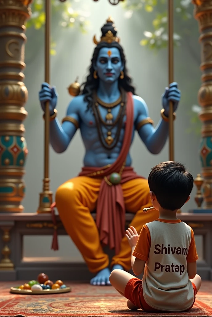 create a 3D realistic picture “A 10 years boy is worshiping bholenath and bholenath is sitting on a swing and playing flute and “shivam pratap ” is written on the boy’s t-shirts and the boy is worshiping and in the background “shivam pratap ” is seeing bholenath written in bold font clearly, make sure everything should be correct