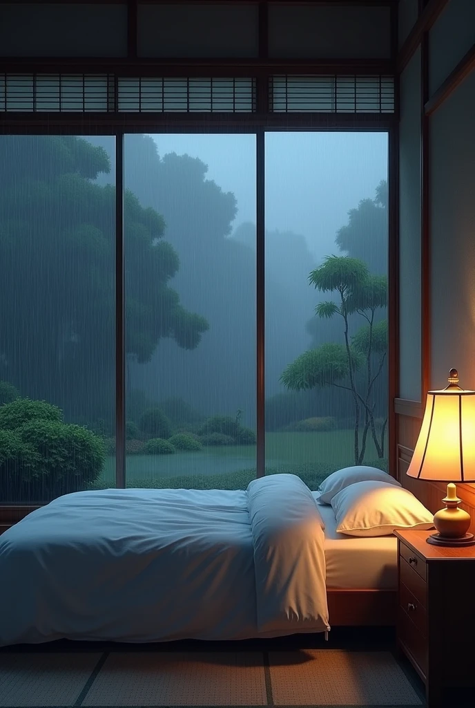The picture shows a comfortable bedroom with large windows offering a beautiful view., Dimly lit gardens and flower-filled gardens. cinema, gloomy, The atmosphere outside is cloudy and rainy. Japanese house, This room has tatami mat floors., Shijo doors and minimalist wooden furniture. . The bed has no wrinkled sheets., It shows that he only sleeps peacefully.. Looks dim, gloomy. There is a small table by the bed with a classic lamp that casts warm light into the room.. Outside the window, You can see lush green trees on the balcony or terrace area., It's raining., The left light bulb provides warm light., Create a calm and peaceful atmosphere.. With fog obscuring some of the landscape in the distance.. The contrast between the warmth inside the building and the rainy outside creates an inviting and peaceful atmosphere.