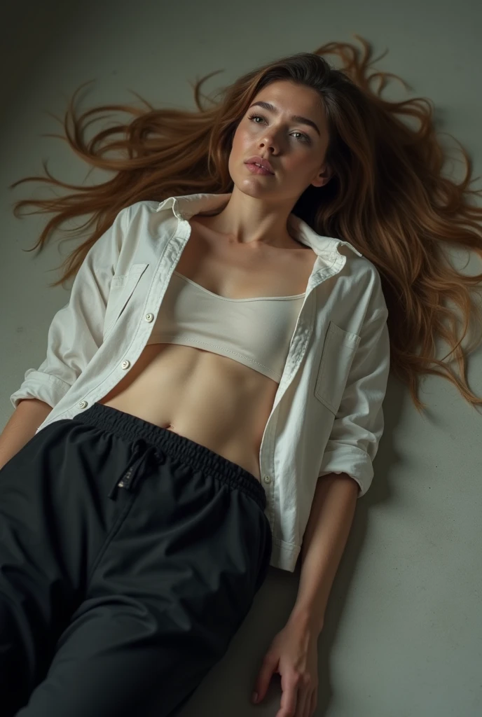 Create a photo of a 30 year old woman, with a slender and beautiful body, wearing an open white shirt without a bra with bare breasts and black sweatpants, with white and clear skin, with long light brown hair, scared as she lies on the floor being brutally beaten and dragged with her hair pulled by four angry black teenagers, ugly, small, thin people who wear glasses and a white shirt and jeans