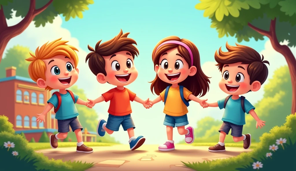 School off time four friends two boys two girls cartoon 