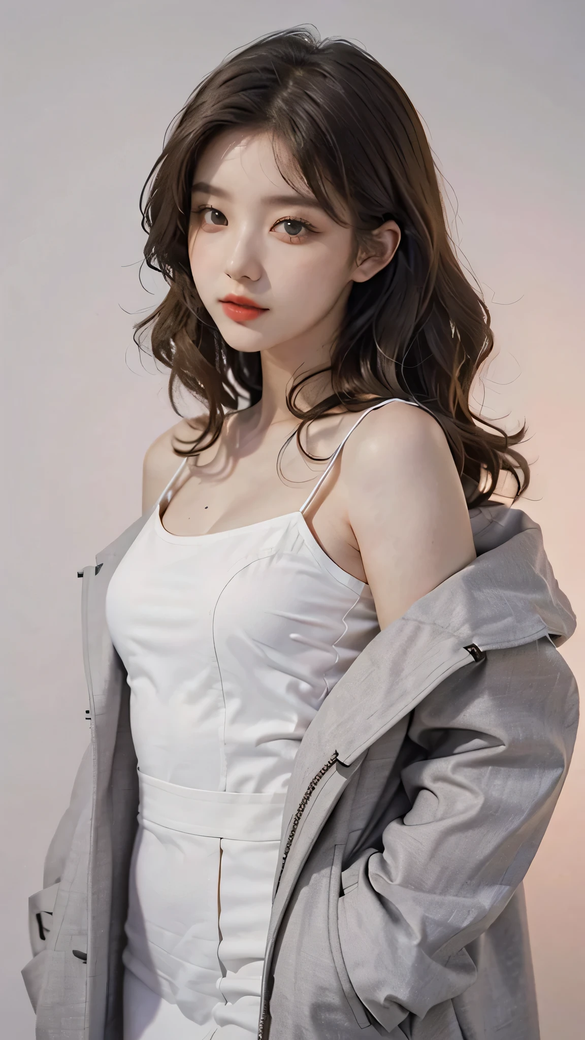 Girl wearing, luxury lavender coat, shoulder length hair, wavy hair, glowing skin, star in eye, red lips, grey background, cute poses