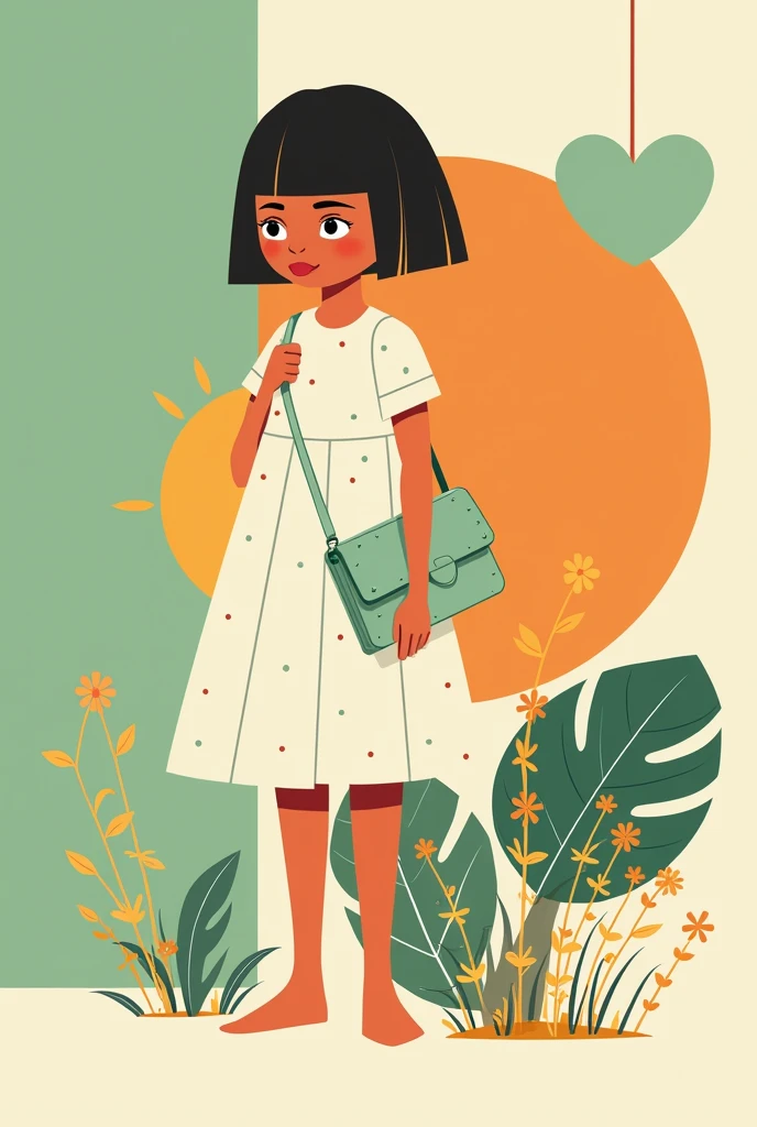 Victor Nai&#39;s style, beautiful details，simple，modern，advanced，cute，Color blocking，flowers，Orange，light green，grid，line，illustration，vigor，pixar