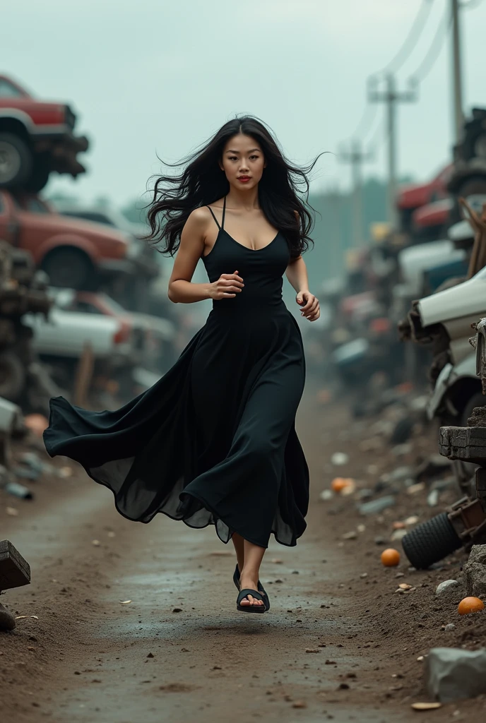 (photorealism:1.2), A curvy Asian woman, long wavy black hair, wearing a long black dress, black sandals, is running in a dumping ground for used cars, there are piles of damaged cars, scrap, cloudy sky