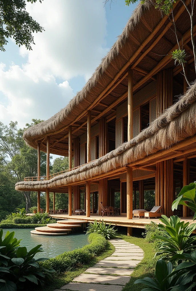 DRAWING Bali inspired biggest curved stucture pavilion thatched by cogon roof and philippine "amakan" with bamboo structure