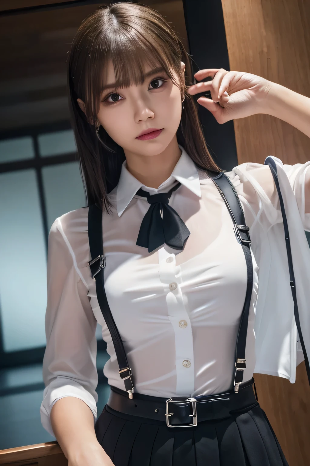 a woman in a suit, belt, hands behind back, sweating, suspenders, , sexly, large breasts, see-through clothing, rain, detective, office worker, white button-up shirt, (best quality,4K,8k,highres,masterpiece:1.2),ultra-detailed,(realistic,photorealistic,photo-realistic:1.37),hyper-detailed,highly detailed face and body, Slender thin suspenders Moderate breasts See-through shirt Nipples holster chain Pistol Armament criminal Female criminal knife black mini skirt garterベルト garter Knee-high Knee-highソックス Absolute area