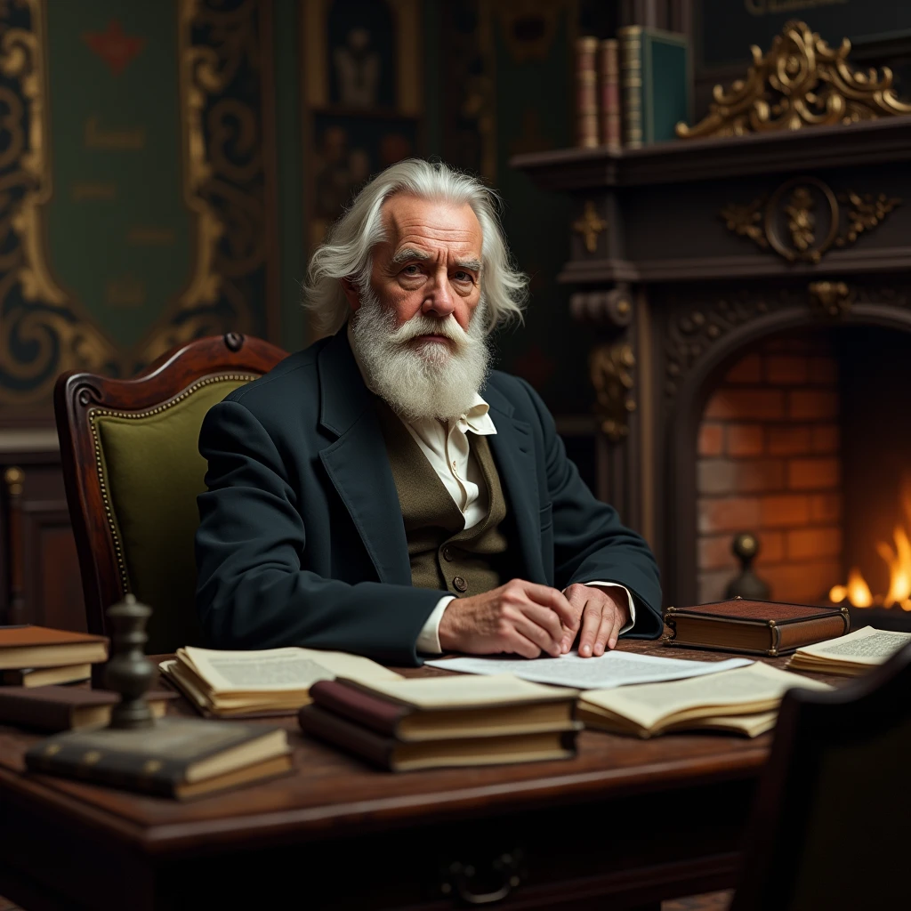 The same gentleman but another day, further away, an old professor with white hair, 7, with a reassuring beard - year 1800 in front of an open fire , . assis à son bureaux vieux salon Ancien Homme de 75 ans sage . serious . érudit de science plan large