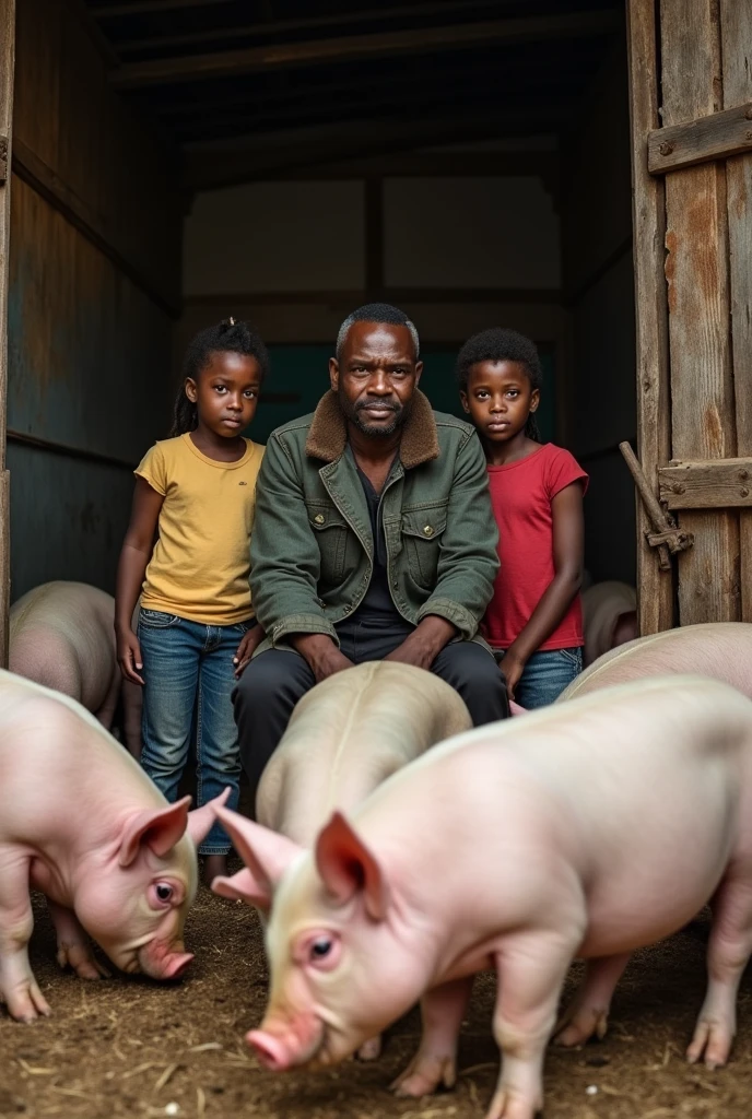 Photo of two people (a 50 year old man and a 2 girl) both black, in the care of white pigs, inside the pigsty, and FARMA NHAMANGUA 