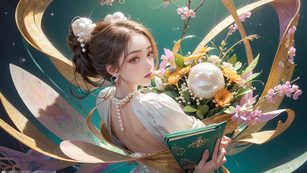 32K, 最高quality, 最高masterpiece, (ultra-Detailed Background, Detailed Background), High resolution, Super detailed, Very detailedな, 1 personの, (bouquet:1.3), (Tangled:1.2), (Geometric:1.2),(colorful),(masterpiece, quality, best quality, Official Art, Beautiful and beautiful:1.2), (1 person:1.3), Very detailed,(colorful:1.1)(Flowers:1.3),Most detailed,(Tangled:1.2), whole body, (Abstract background:1.3), (Skin glows), (Many colors:1.4), ,(Earrings Pearl:1.5), Light green background, It's imaginative., Brunette Hair, Updo, Holding a book, Holding a pen, Satin shirt