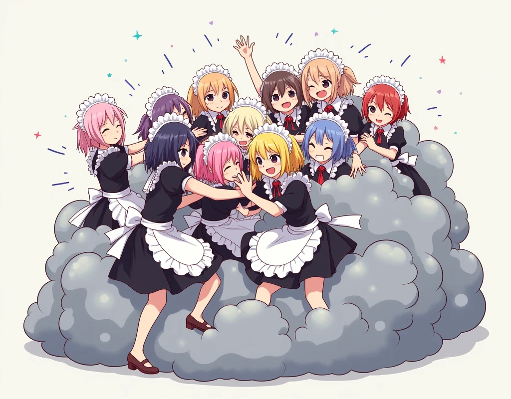 a comical anime-style illustration of many maids playfully wrestling and fighting in a bright gray combat cloud, each maid with different hair colors, their faces, hands, and feet visible emerging from the cloud, the rest of their bodies fully obscured by the fluffy, exaggerated combat cloud, emphasizing the humorous and energetic nature of their brawl