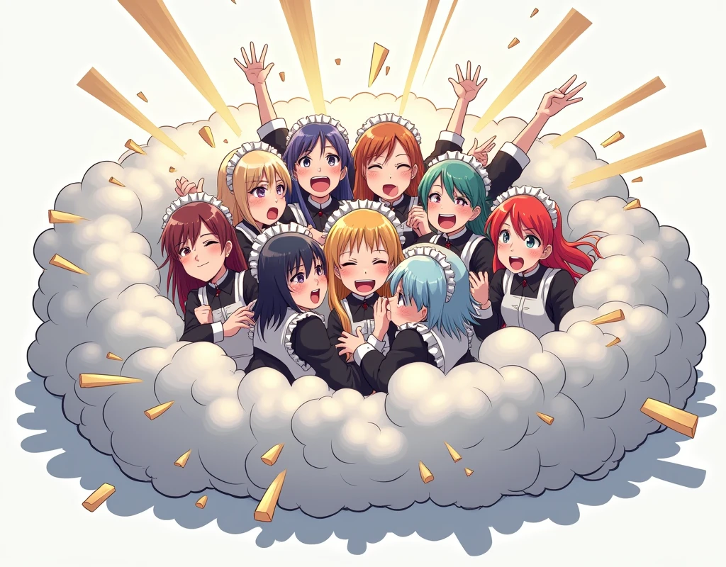 a comical anime-style illustration of many maids playfully wrestling and fighting in a bright gray combat cloud, each maid with different hair colors, their faces, hands, and feet visible emerging from the cloud, the rest of their bodies fully obscured by the fluffy, exaggerated combat cloud, emphasizing the humorous and energetic nature of their brawl