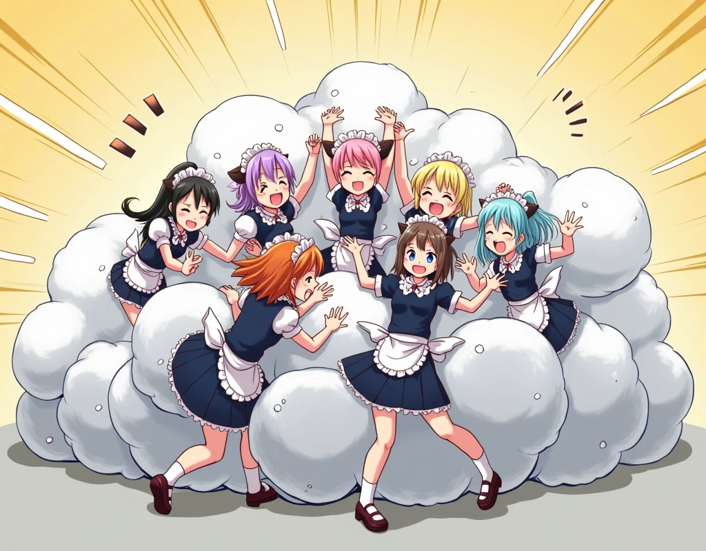 a comical anime-style illustration of many maids playfully wrestling and fighting in a bright gray combat cloud, each maid with different hair colors, their faces, hands, and feet visible emerging from the cloud, the rest of their bodies fully obscured by the fluffy, exaggerated combat cloud, emphasizing the humorous and energetic nature of their brawl