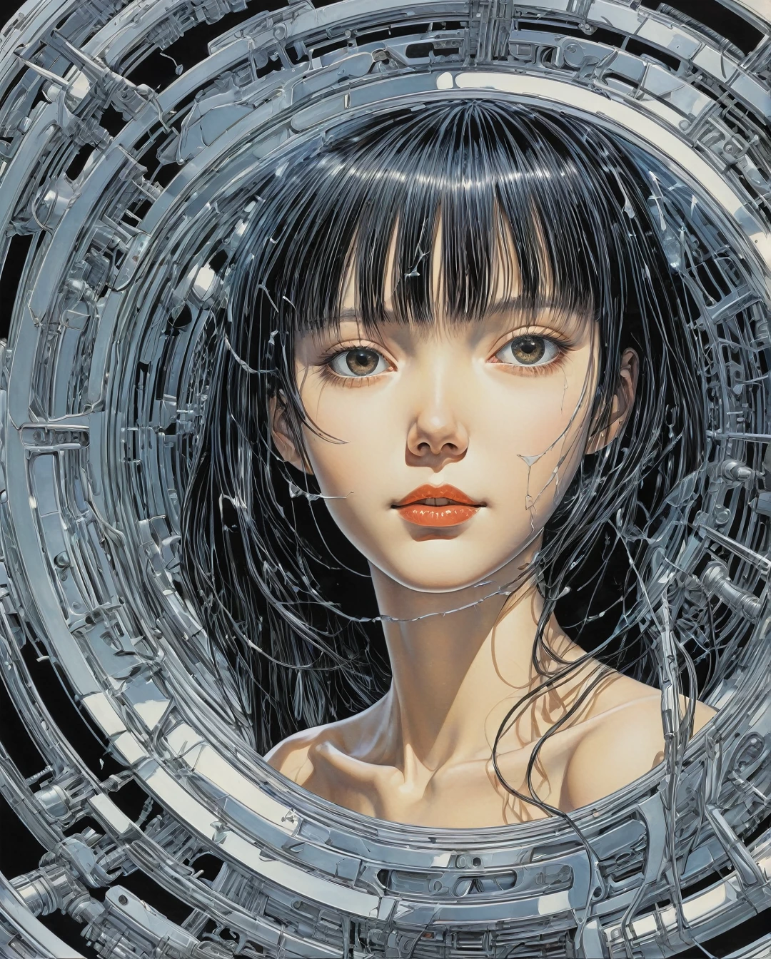 Art style by H. R. Giger, Art style by Syd Mead, Art style by Hajime Sorayama, (Masterpiece, Top Quality, Super Detail, High Resolution, Best Illustration), 1990s (style), 1980s (style), retro art style, Highest image quality, (Masterpiece, top quality, super detail, high resolution, best illustration), vintage, 1990s \(style\), dynamic angle, Art style by Shintaro Kago, A character whose body is perfectly mirrored down the middle, but with slight, unsettling differences on each side—one eye larger than the other, one side smiling while the other frowns. They are positioned in front of a giant, cracked mirror that distorts their reflection even further, adding to the surreal atmosphere.